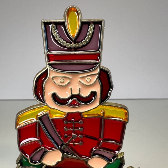 Vintage Stained Glass Christmas Stocking Hook Hanger Nutcracker Drummer Heavy - Picture 6 of 8